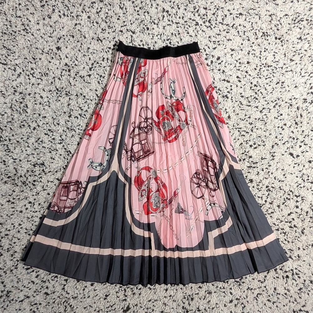Vintage-Inspired Equestrian Carriage Print Pleated Midi Skirt - Blush Pink & Red